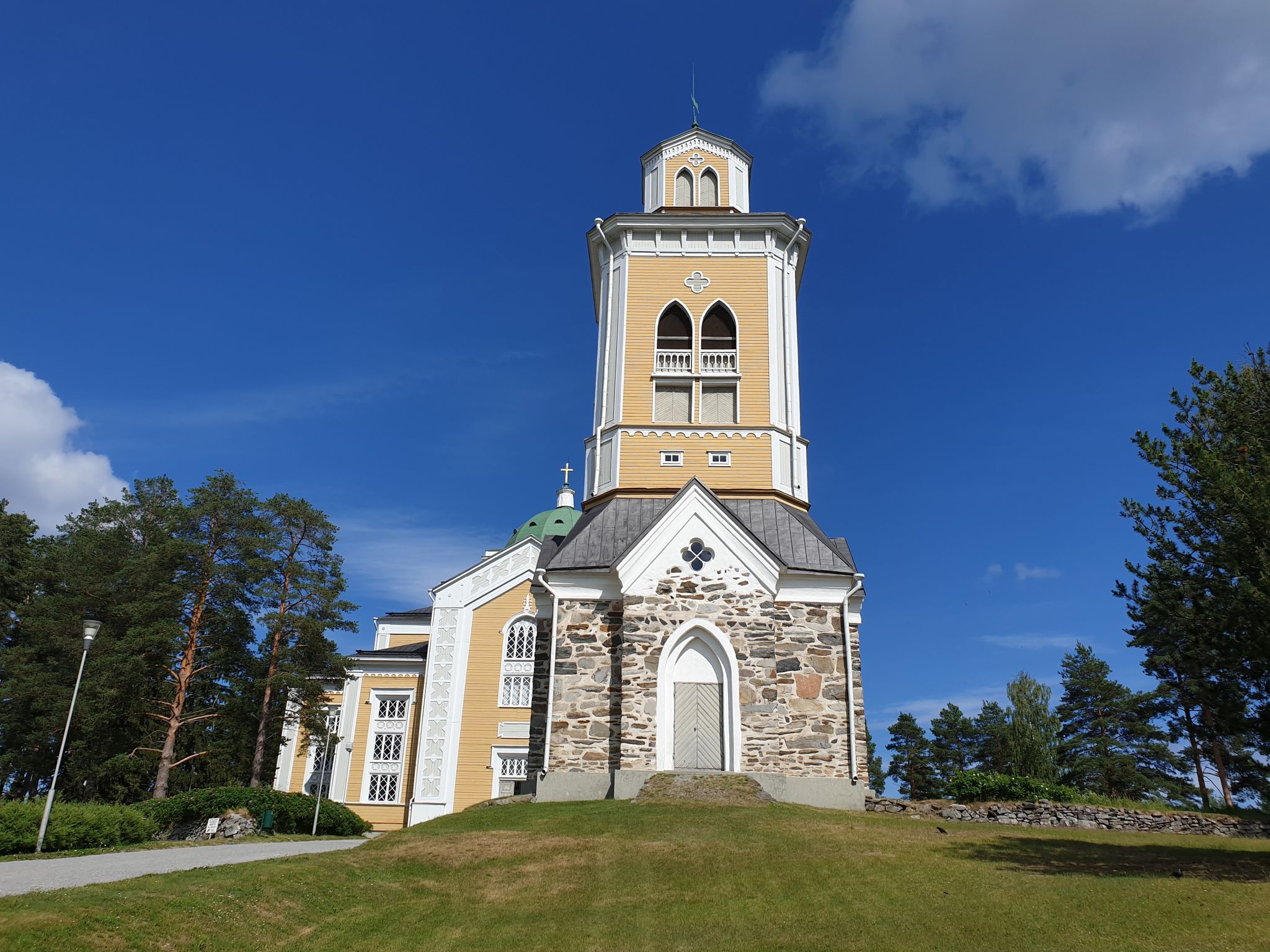 Photo of the 42 meter tall Bell Tower of Kerimäki Church, which is one of the biggest wooden churches in the world, built in 1847.