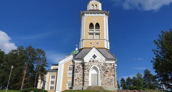 Photo of the 42 meter tall Bell Tower of Kerimäki Church, which is one of the biggest wooden churches in the world, built in 1847.