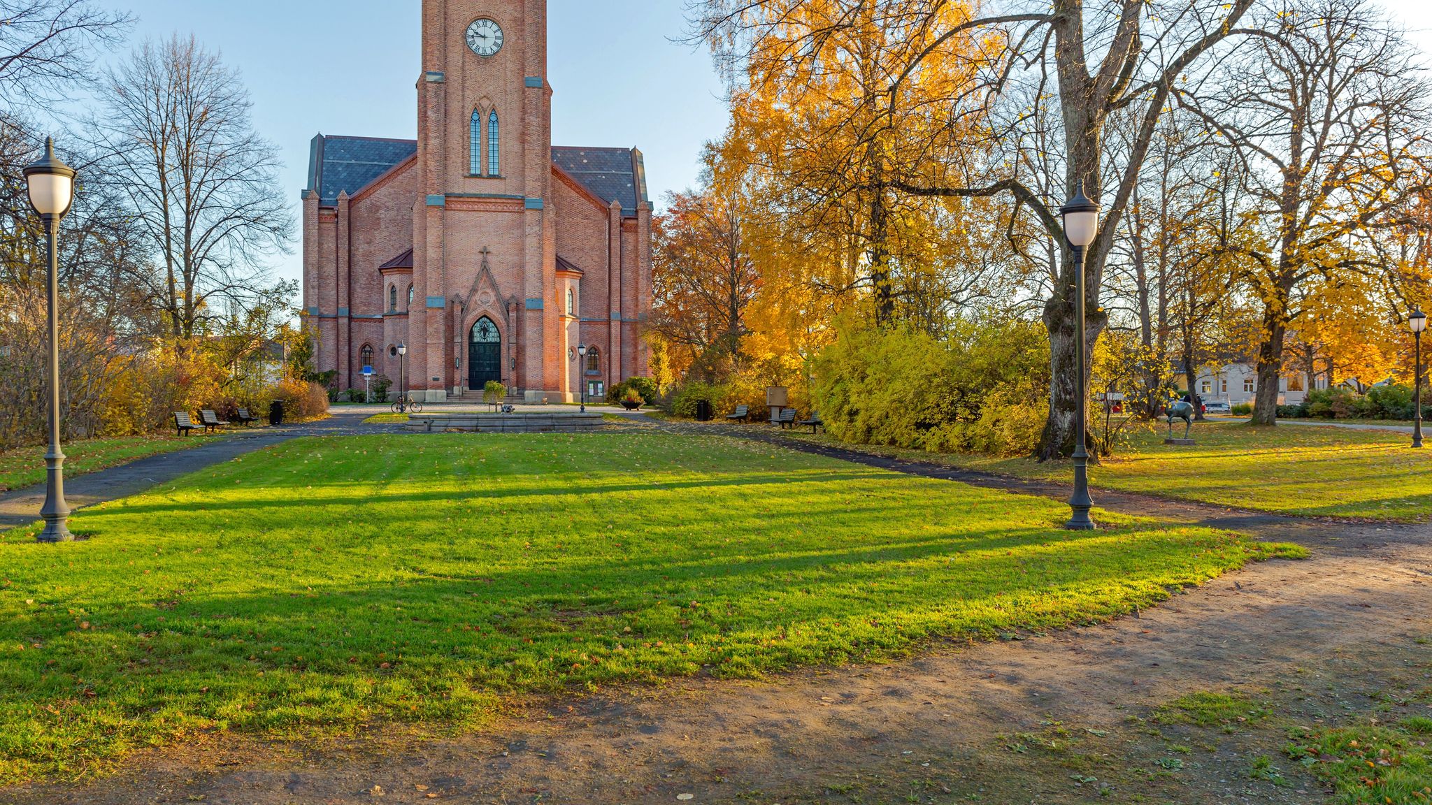 Gothic Church in City Park Fredrikstad Norway at Autumn Morning