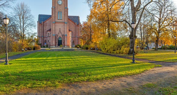 Gothic Church in City Park Fredrikstad Norway at Autumn Morning