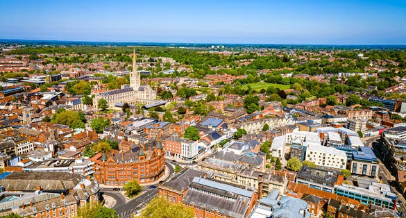 Photo of aerial view of Norwich Cathedral located in Norwich, Norfolk, UK.