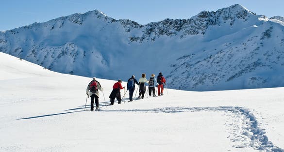 snowshoe hiking at Au in the Bregenz forest in Austria