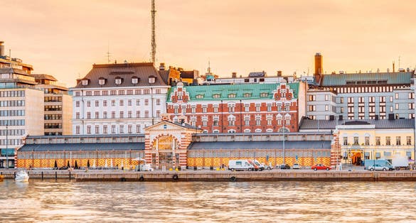 Photo of panorama Of Old Market Hall Vanha kauppahalli In Helsinki At Summer Sunset Evening,  Finland.