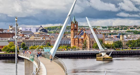 The Peace Bridge and Guild Hall in Londonderry / Derry in Northern Ireland.