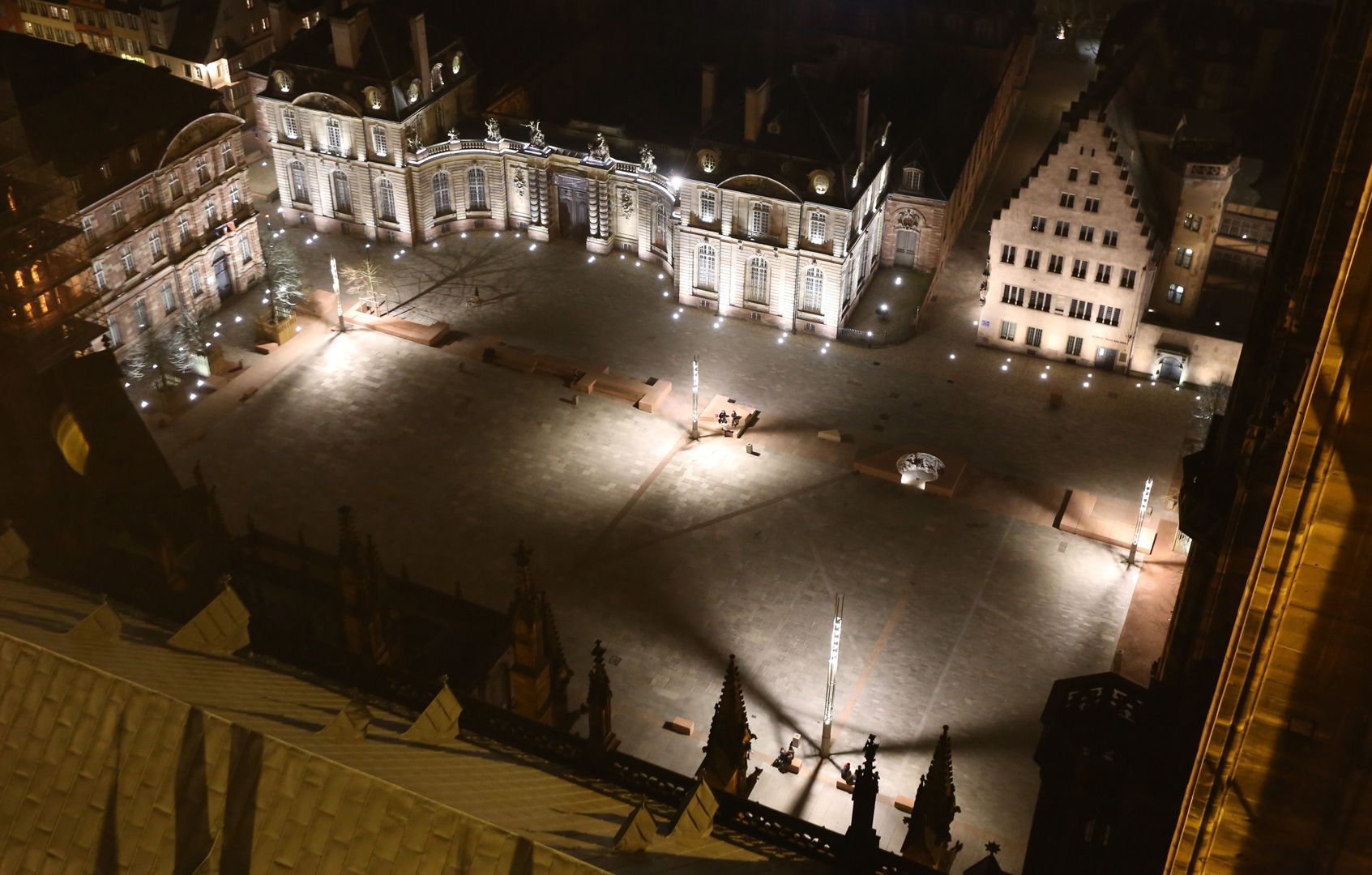 photo of Place du Château at night in Strasbourg, France.