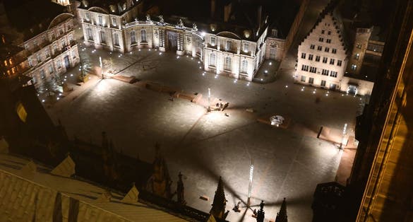 photo of Place du Château at night in Strasbourg, France.