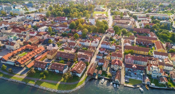 Aerial view of the old city of Vastervik in summer, Vastervik, Kalmar County, Sweden, Scandinavia, Europe