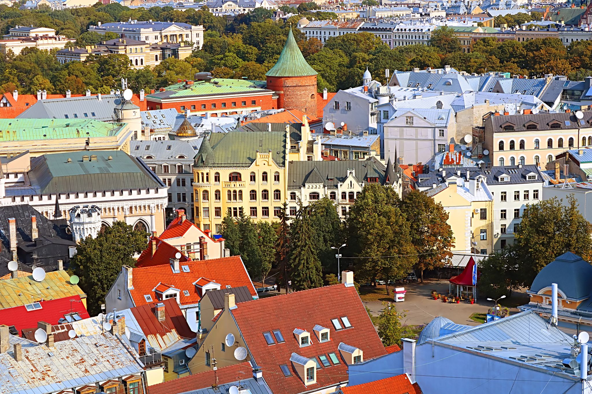 View of Riga old town, Powder Tower and Cat house, Riga, Latvia