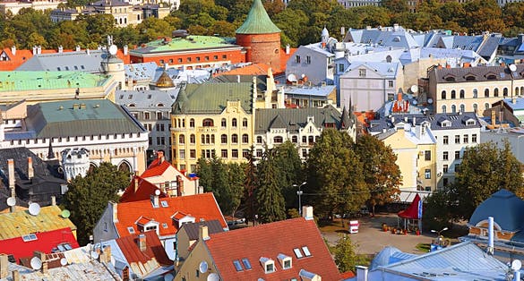 View of Riga old town, Powder Tower and Cat house, Riga, Latvia