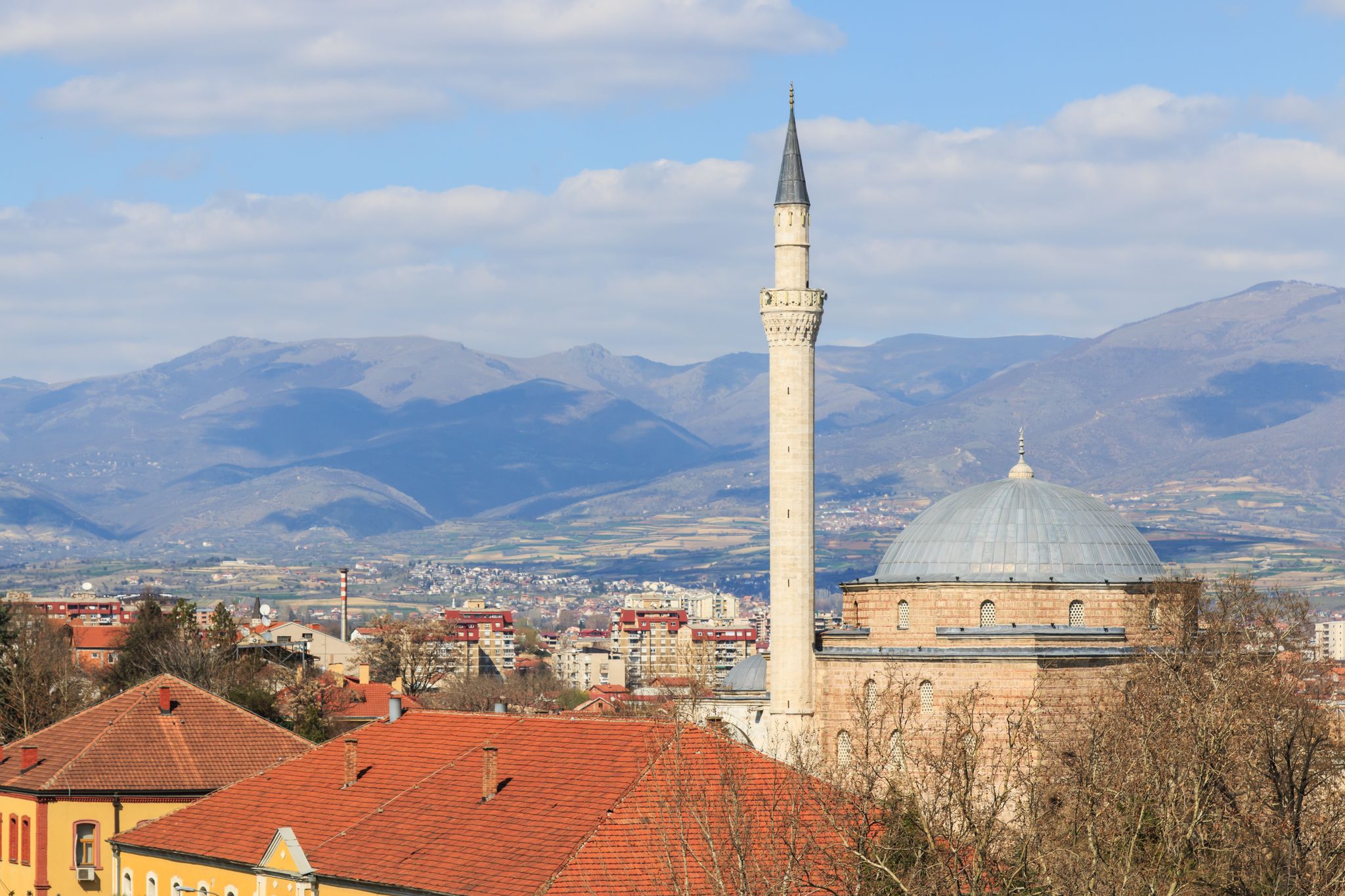 Photo of aerial view of Mustafa Pasha Mosque, an old Ottoman Turkish mosque in the Bushi district of Skopje, Macedonia.