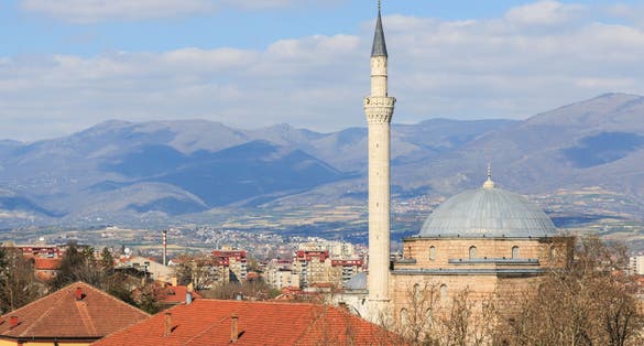 Photo of aerial view of Mustafa Pasha Mosque, an old Ottoman Turkish mosque in the Bushi district of Skopje, Macedonia.