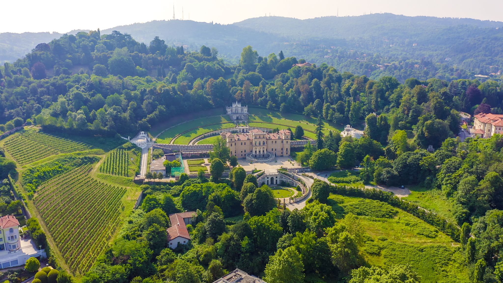 photo of Turin, Italy. Villa della Regina with park, Aerial View.