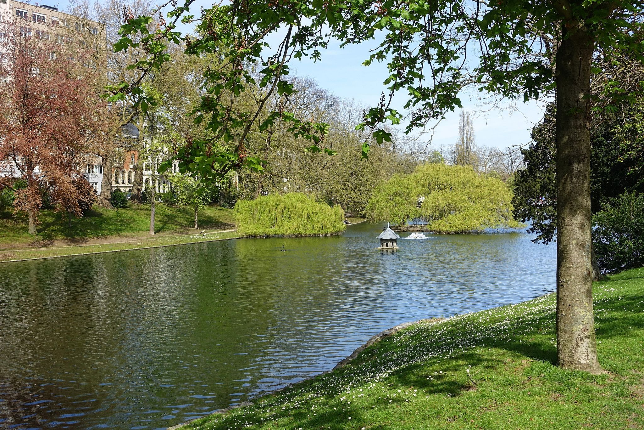 photo of view of Ixelles pond in October. Church reflection in water. Sunny autumn afternoon, Ixelles, Belgium.