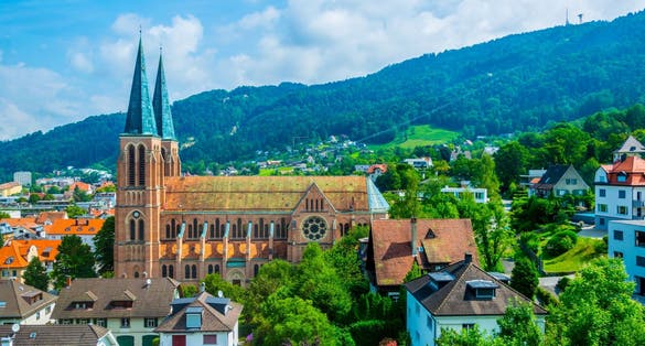 Aerial view of Bregenz dominated by the church of the sacred heart