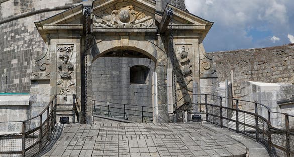 photo of view of Drawbridge in Fort de Joux. The castle commands the mountain pass Cluse de Pontarlier and was improved by famous architect Vauban.