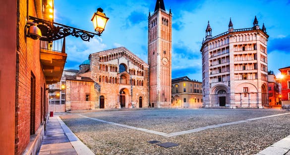 photo of Parma, Italy - Piazza del Duomo with the Cathedral and Baptistery, built in 1059. Romanesque architecture in Emilia-Romagna.,Parma italy.