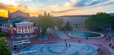 Photo of aerial view of The Cathedral of the Assumption and Varna city at amazing sunset, Bulgaria.