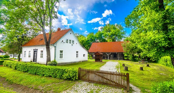 Colorful scenery in Kumrovec old town, famous tourist resort in Croatia, Europe. / Selective focus.