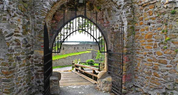 Photo of ruins of Helfstyn Castle, gate and walls inside the castle, Czechia.