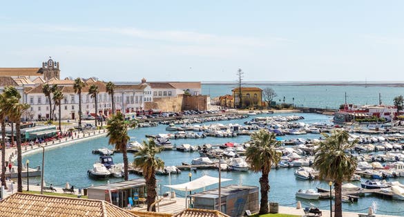 Photo of aerial view of the marina of the old city of Faro ,Portugal.