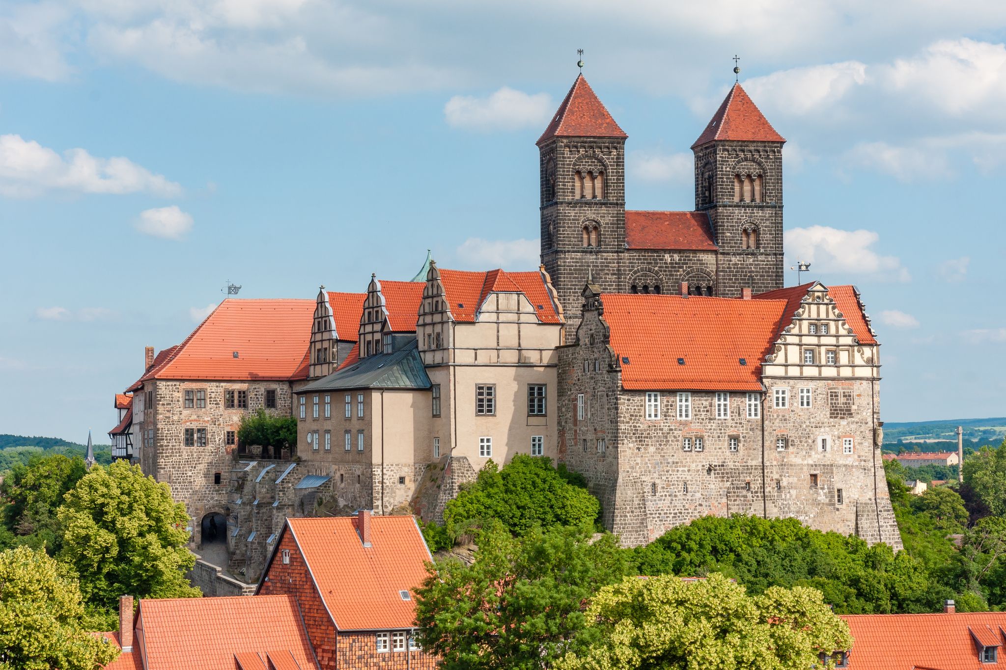 photo of view of Remote view of Stiftskirche St. Servatius at Quedlinburg Castle Hill in Quedlinburg, Saxony Anhalt, Germany