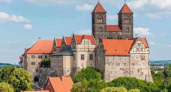 photo of view of Remote view of Stiftskirche St. Servatius at Quedlinburg Castle Hill in Quedlinburg, Saxony Anhalt, Germany