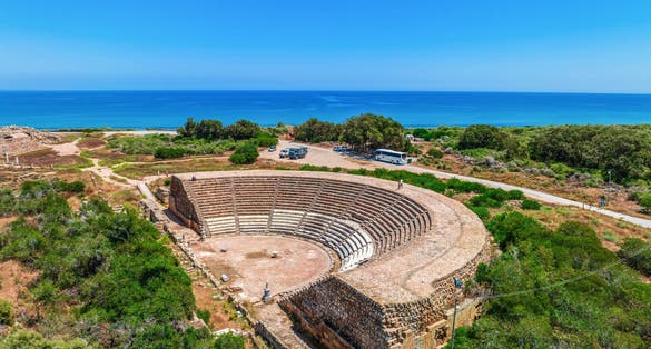 Salamis Ancient City, Famagusta, Cyprus. Ancient theater of Salamis, Famagusta aeria, North Cyprus.
