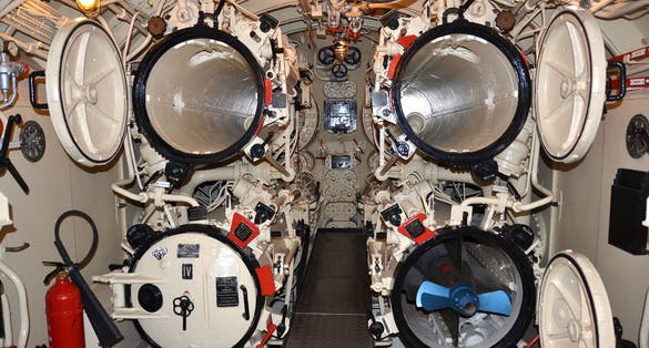 The four bow torpedo tubes on the submarine
