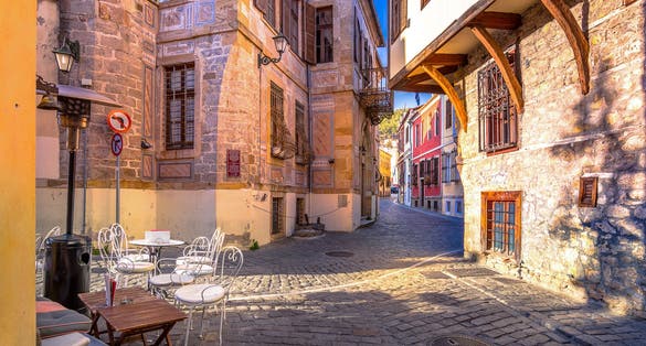 photo of picturesque narrow street and buildings in the old town of Xanthi, Greece.