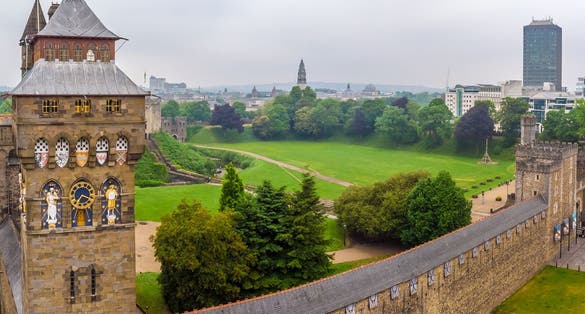 Aerial view of Cardiff castle in summer, Wales.