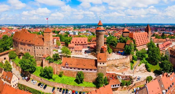 Nuremberg Castle aerial panoramic view. Castle located in the historical center of Nuremberg city in Bavaria, Germany.