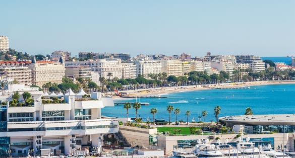 Panoramic view of Cannes, Promenade de la Croisette, the Croisette and Port Le Vieux of Cannes, France Cote d'Azur.