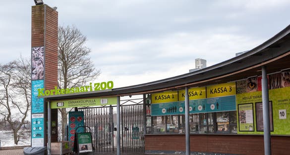 Photo of entrance gate and ticket office of the Korkeasaari Zoo. It is the largest zoo in Finland, located on the island.