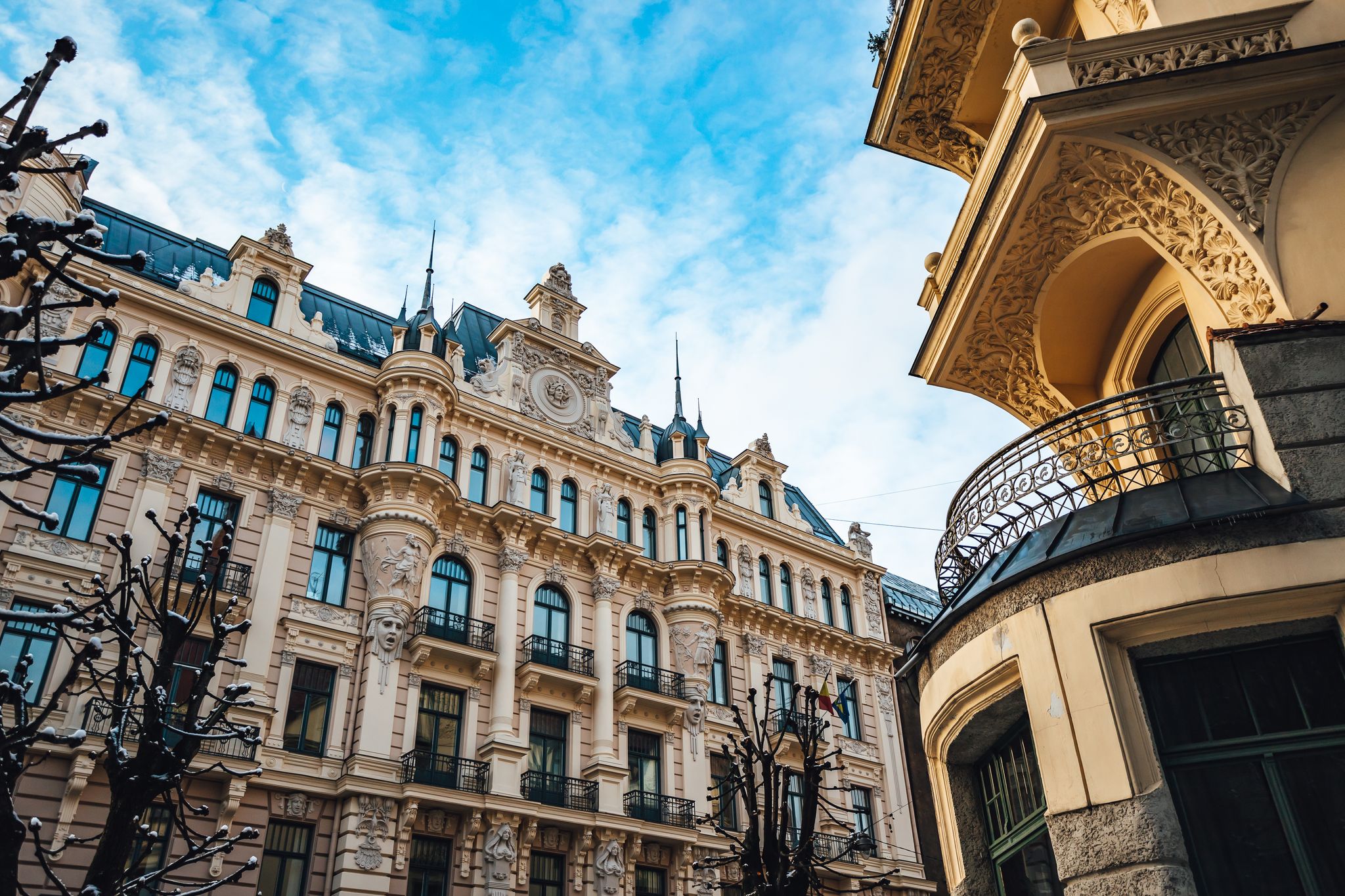 Art Nouveau architecture on a building facade in Riga, Latvia