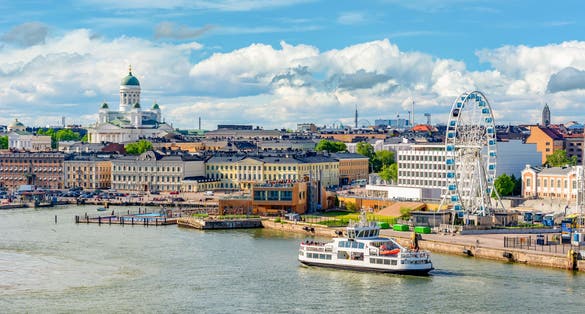 Helsinki cityscape with Helsinki Cathedral and port, Finland