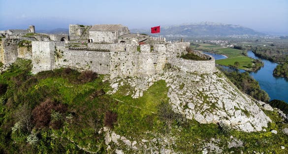 Photo of aerial view of Rozafa Castle in Shkoder, Albania.