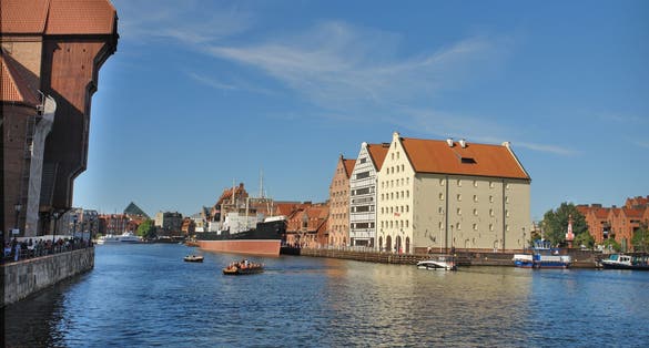 Port crane in the old town of Gdańsk located on the Motława River, a branch of the Vistula River