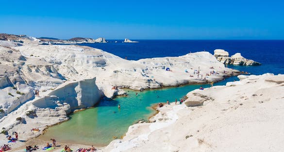 photo of view of Sarakiniko beach, Milos island, Cyclades, Greece.