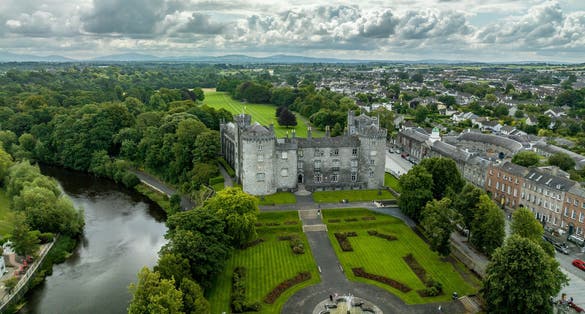 Photo of aerial view of Kilkenny castle, Victorian remodeling of a medieval defensive structure, Ireland.