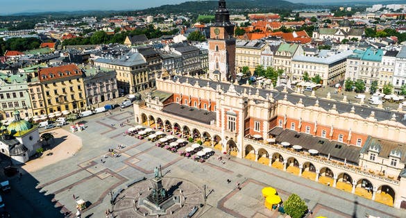 View of the Main Square (Polish: Rynek Glowny w Krakowie) is the main market square of the Old Town in Krakow, Poland.