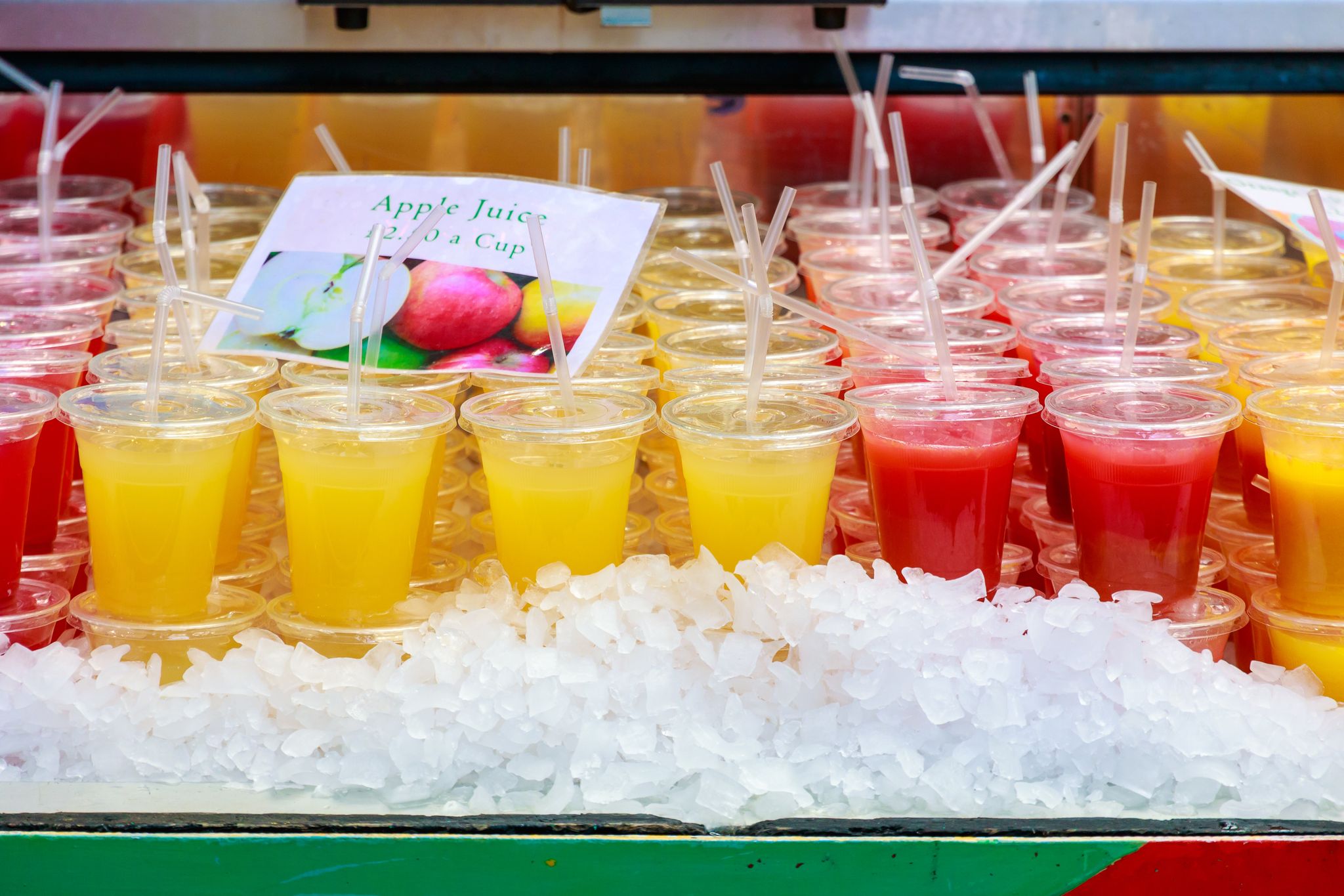 Photo of Fresh juice on display at Borough Market, London, UK.