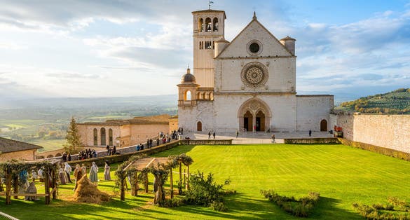 Photo of Christmas in Assisi, Saint Francis Basilica with the Christmas Crib. Province of Perugia, Umbria, Italy.