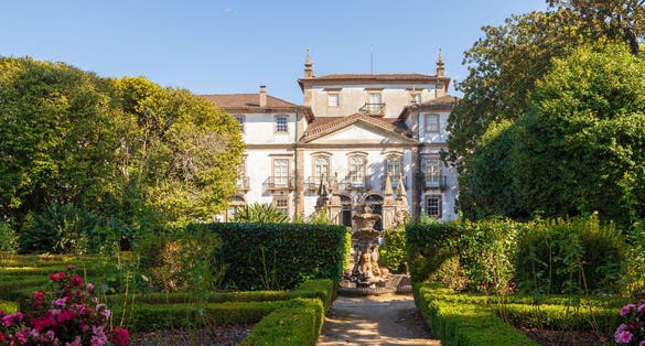 Photo of Biscainhos Museum Garden (Jardim da Casa dos Biscainhos) with Palacio Museu dos Biscainhos. Braga, Portugal.