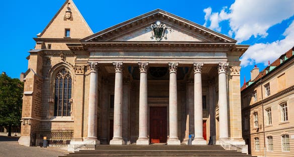 Photo of Saint Pierre or St. Peter Cathedral Reformed Protestant Church of Geneva is located in the centre of Geneva city in Switzerland.
