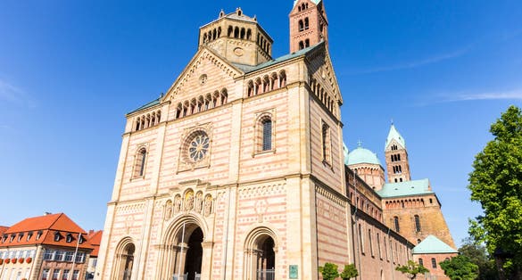 Photo of West facade of the Imperial Cathedral Basilica of the Assumption and Saint Stephen. A World Heritage Site since 1981 and largest romanesque cathedral in the world ,Speyer, Germany.