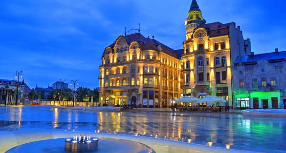 Union square (Piata Unirii) seen at the blue hour in Oradea, Romania