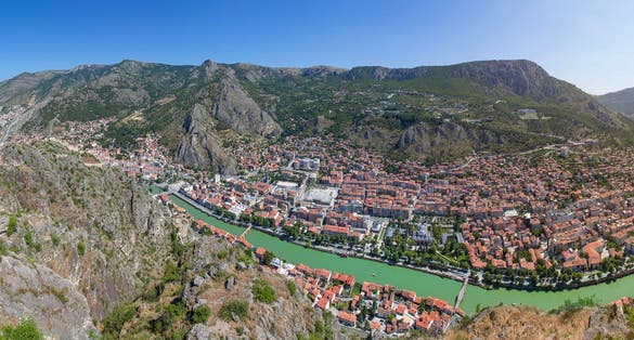 Amasya, Turkey -  Old Ottoman houses panoramic view by the Yesilirmak River in Amasya City. Amasya is populer tourist destination in Turkey.