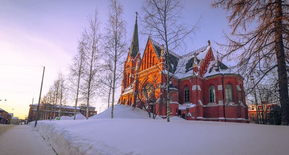 photo of Luleå Cathedral in winter February 11, 2021 in Luleå, northern Sweden.