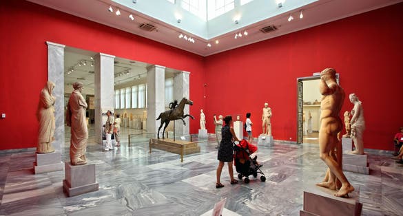 Photo of one of the halls dedicated to ancient Greek sculpture in the National Archaeological Museum of Athens.