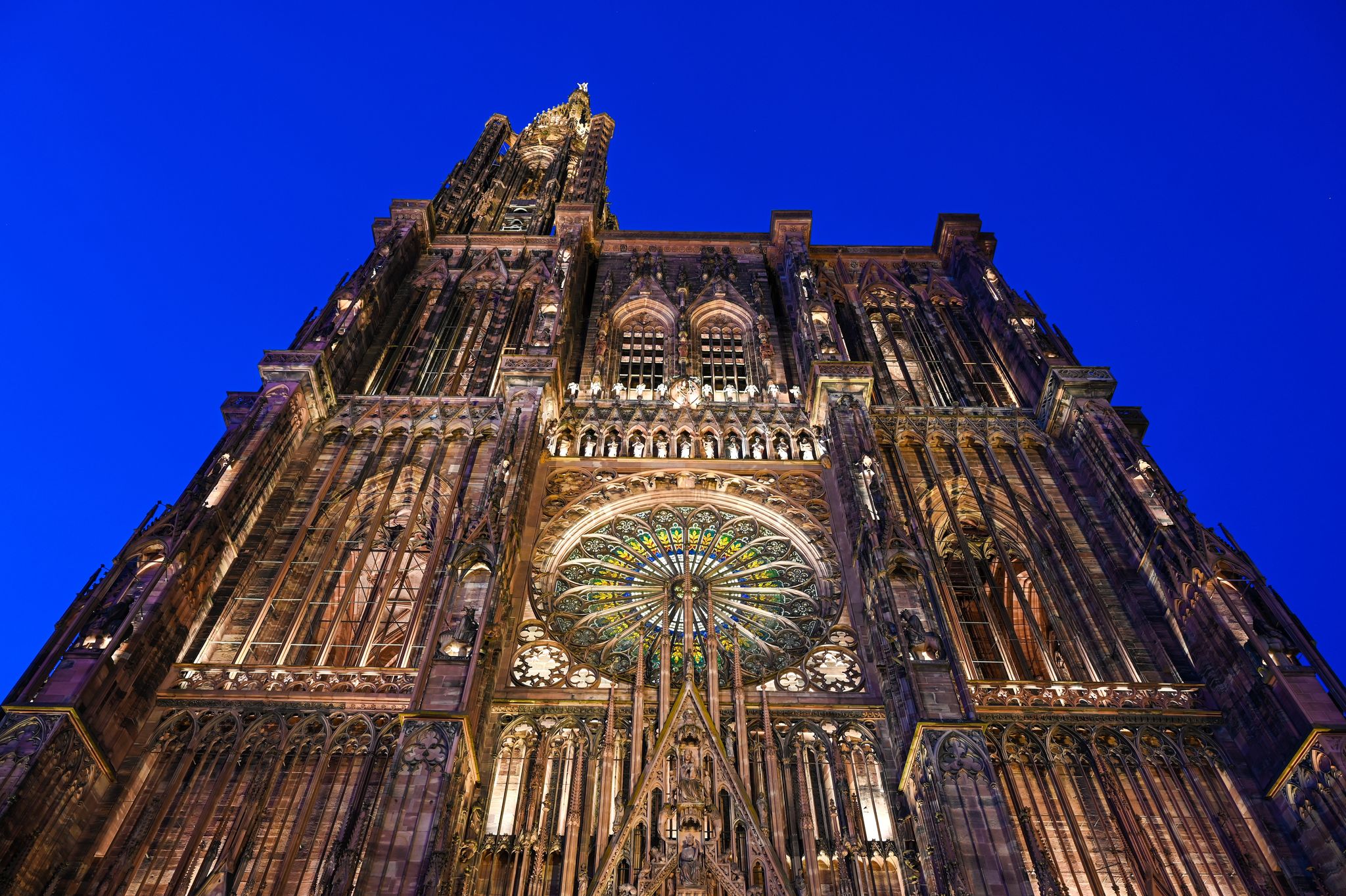 Photo of Catholic Cathedral of Our Lady of Strasbourg is city centre by night, Strasbourg, France.